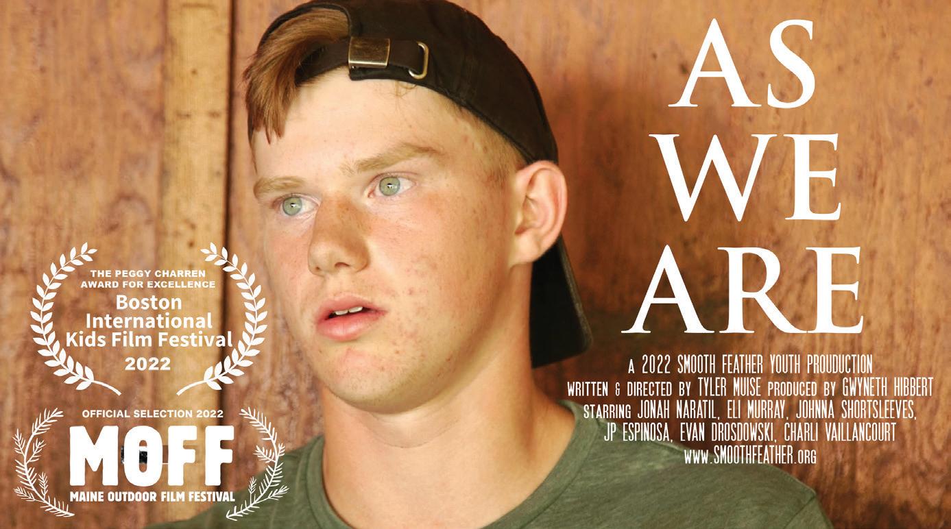A young person wearing a black headband and green shirt looks directly at camera against a wooden background with film festival laurels and credits.