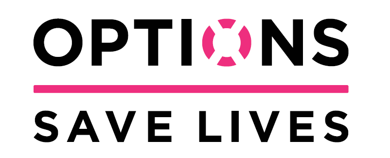 Text graphic reads "OPTIONS SAVE LIVES" with a pink circular icon replacing the O in OPTIONS.