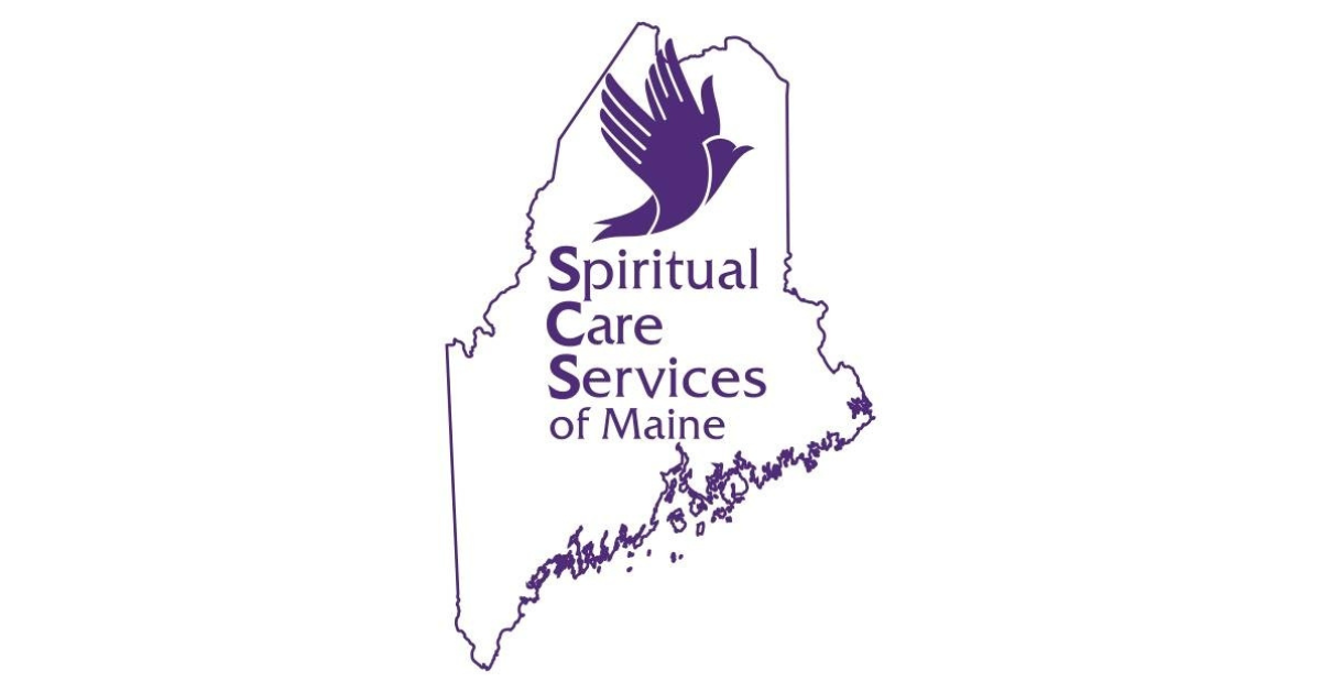 Purple outline of Maine state with dove symbol and text reading Spiritual Care Services of Maine.