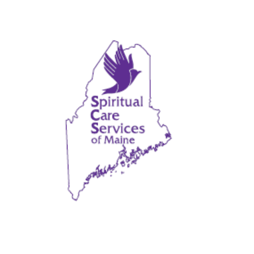 Purple outline of Maine state with dove symbol and Spiritual Care Services of Maine text.