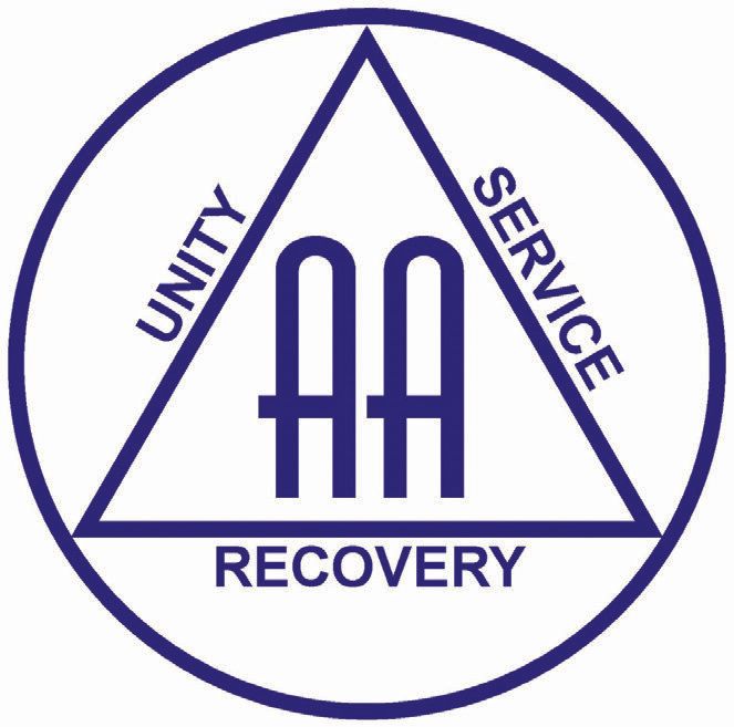 A blue circular logo with a triangle inside, symbolizing Alcoholics Anonymous. The letters AA are in the center, and UNITY, SERVICE, and RECOVERY line the edges—reflecting the support group’s commitment to addiction recovery.
