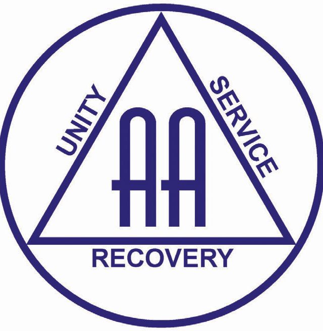A blue circular logo with a triangle inside, symbolizing Alcoholics Anonymous. The letters AA are in the center, and UNITY, SERVICE, and RECOVERY line the edges—reflecting the support group’s commitment to addiction recovery.