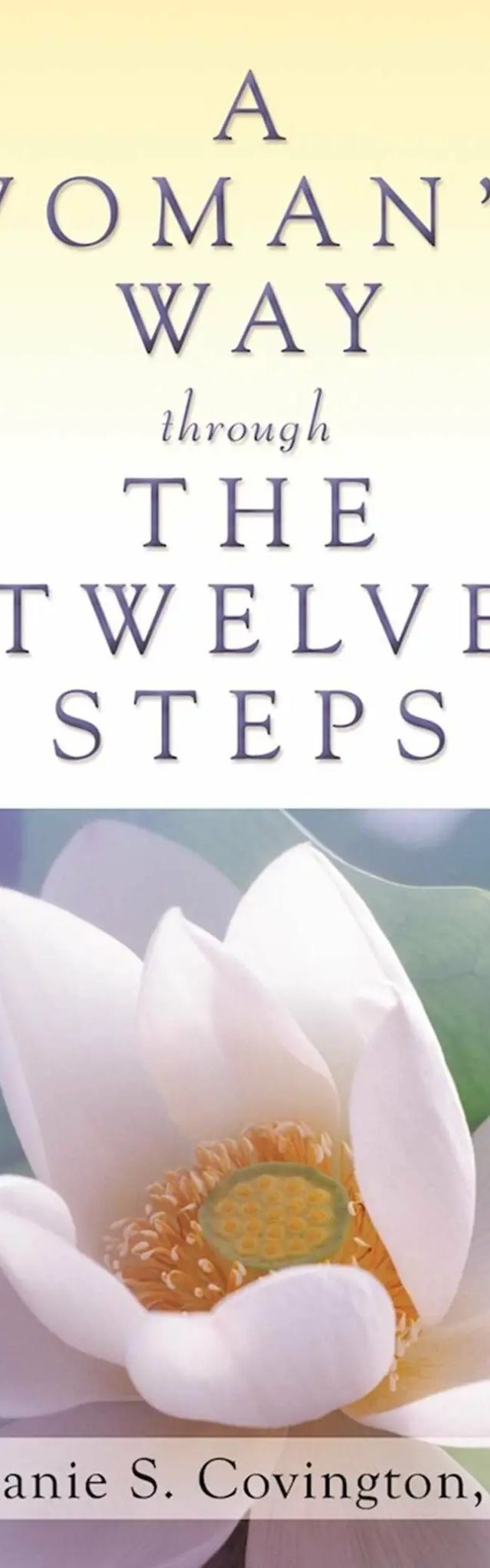 Book cover with title text and white lotus flower with yellow center against blurred blue and green background.
