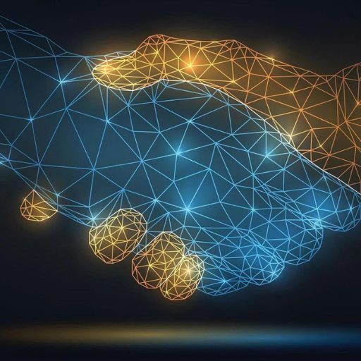 Two wireframe hands, one blue and one orange, composed of glowing connected lines and dots, engage in a historic handshake against a dark background, symbolizing digital connection, partnership, or a world-changing event in technology collaboration.