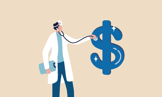 A sober doctor in a white coat uses a stethoscope to listen to a large blue dollar sign, symbolizing healthcare costs or financial health. The doctor holds a clipboard and stands against a plain background.