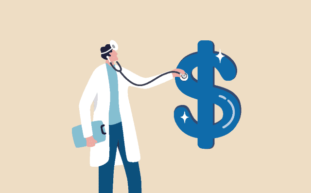 A sober doctor in a white coat uses a stethoscope to listen to a large blue dollar sign, symbolizing healthcare costs or financial health. The doctor holds a clipboard and stands against a plain background.