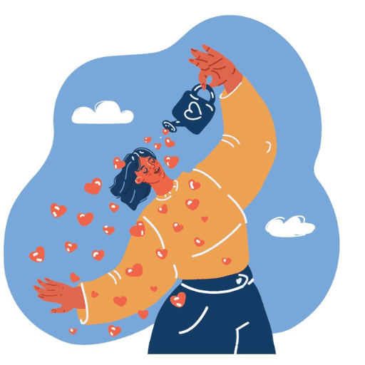 Illustration of a person in a yellow sweater pouring hearts from a jar, with hearts floating around them and a blue sky with clouds, expressing love or kindness—perfect inspiration for thriving during the holidays.