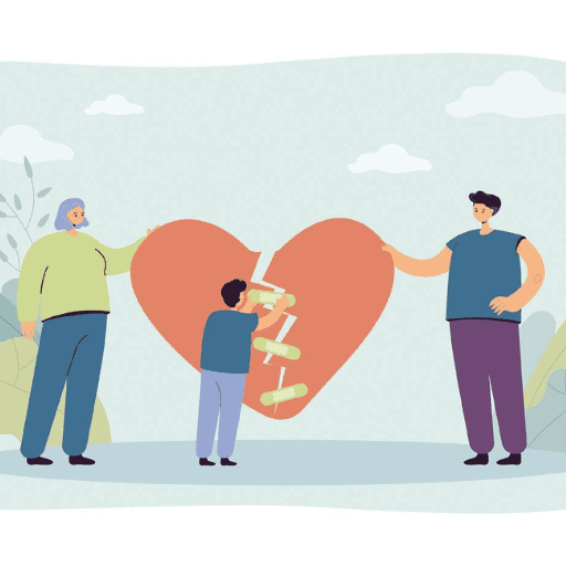 A child tapes together a large broken heart held by two adults, symbolizing healing or reconciliation—a family affair—set against a nature background with light clouds in the sky. Gatehouse Treatment supports families on their journey to recovery.