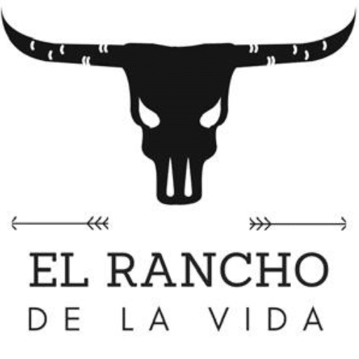 A black cow skull with long horns above the text EL RANCHO DE LA VIDA, symbolizing recovery, flanked by two small arrows pointing outward. The design is simple and bold on a white background.