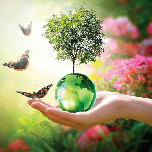 A hand holds a green globe with a tree growing from it. Butterflies flutter nearby, surrounded by bright pink and green foliage, symbolizing how caring for nature is essential to Changing Our Lives.
