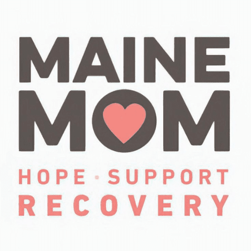 Logo for the Maine Mom Program featuring Maine MOM in bold letters, with the O in MOM replaced by a pink heart. Below, Hope • Support • Recovery appears in pink and bold red.