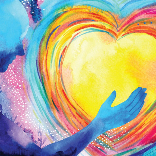 A blue figure holds out a hand toward a glowing, multicolored heart, radiating energy and hope, surrounded by swirling, vibrant colors in a dreamy, abstract watercolor style—capturing the journey to break unhealthy habits.