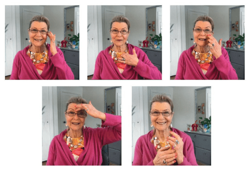 A woman in a pink cardigan demonstrates a sequence of gestures, touching her face, chest, and hand—smiling throughout—captured in five frames with a bedroom backdrop, portraying moments from her journey of discovery.