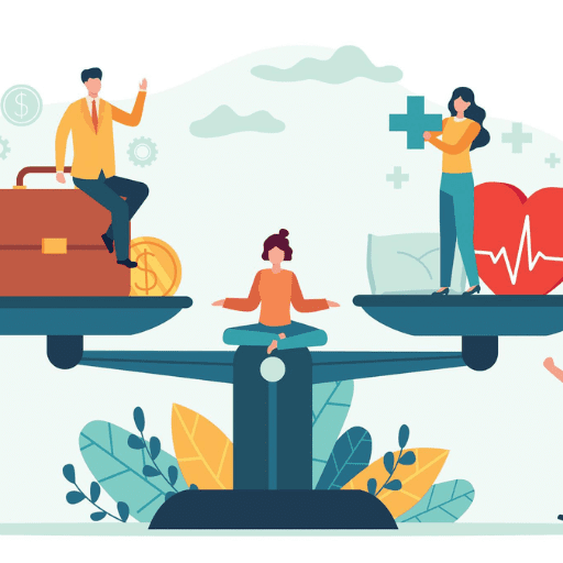 An illustrated balance scale with a man and a briefcase on one side, a woman with health symbols on the other, and a woman meditating in the center, symbolizing work-life balance and employee support for mental illness and addiction.