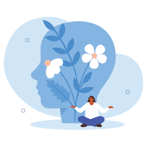 Illustration of a person sitting cross-legged and meditating in front of a large blue head silhouette filled with flowers and leaves, symbolizing mental well-being, mindfulness, and the health benefits of practices like MAT.