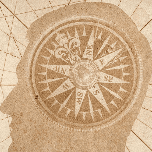 A sepia-toned illustration of a persons head in profile, with a detailed compass rose inside the head, symbolizing moral resilience and guidance through moments of decision-making or moral suffering.