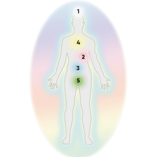 Outline of a human body with five numbered colored circles (1-5) aligned vertically along the torso, each marking key points in the body. The figure is surrounded by a soft, multicolored aura-like glow, symbolizing how energy works in the Weiss Method.