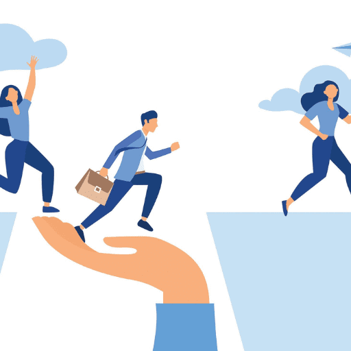 Illustration of large hands helping business people, including a man with a briefcase and two women, leap over gaps toward progress, symbolizing support from Career Centers, teamwork, and overcoming obstacles.