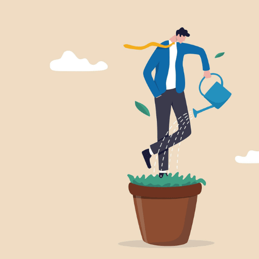 Illustration of a person in business attire watering themselves as if they are a plant growing out of a flower pot, symbolizing personal growth and up-level recovery in professional life.