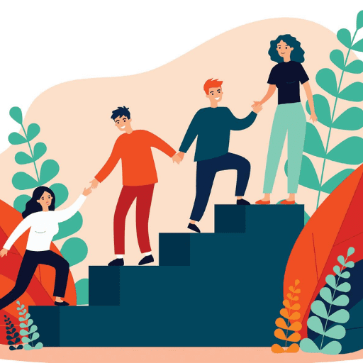 Four people are helping each other climb stairs surrounded by plants, symbolizing workplace support and teamwork. The background is decorated with abstract leaves and soft colors, reflecting a focus on employee well-being.