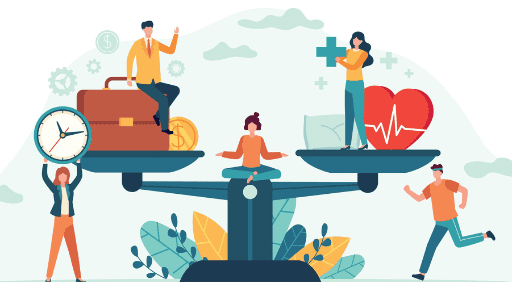 Illustration of people balancing work and health on a scale: one side shows business symbols and people working, while the other highlights health, fitness activities, and education, with a person meditating in the middle.