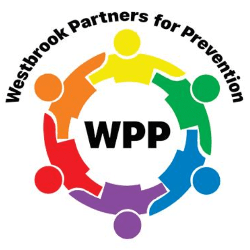 Logo for Westbrook Partners for Prevention (WPP) featuring six colorful human figures holding hands in a circle, symbolizing unity, resilience, and community connectedness. The groups name curves above the figures, with WPP centered inside the circle.
