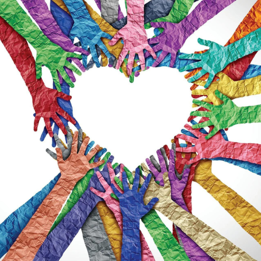 Colorful paper-textured hands overlap and reach inward, forming a heart in the center, symbolizing unity, diversity, support, and love—reflecting the spirit of Recovery Communities and Addiction Support on a white background.