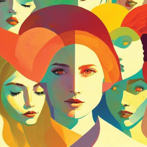 A vibrant, abstract illustration of several womens faces blended together in bold shades, symbolizing unity and healing—echoing the supportive spirit of a recovery program like Discovery Recovery. Expressive, calm features evoke hope and renewal.