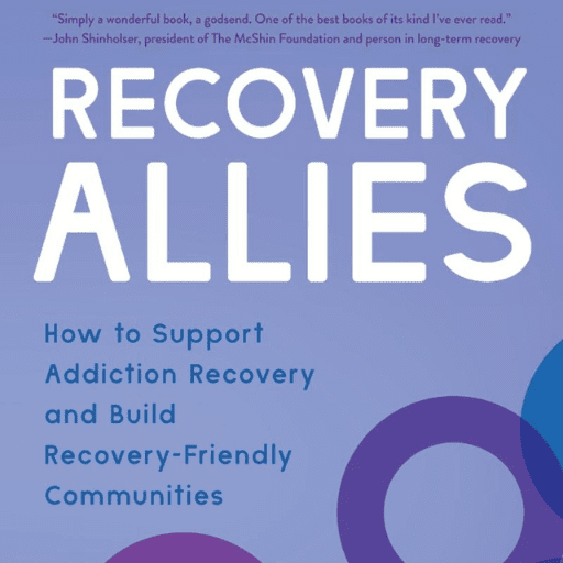 Book cover featuring the title Recovery Allies: How to Support Addiction Recovery and Build Recovery-Friendly Communities, on a purple background with circular designs. A positive quote about writing and hope appears at the top in smaller text.
