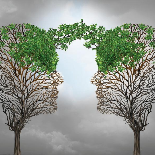 Two trees shaped like human heads face each other, their leafy branches touching in the middle to symbolize connection—much like sponsorship in Alcoholics Anonymous, where support and communication foster mutual benefits. The cloudy sky looms in the background.