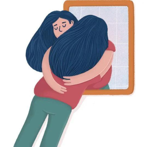 An illustration of a woman with long dark hair hugging her reflection in a mirror, symbolizing self-love, personal transformation, and self-acceptance.