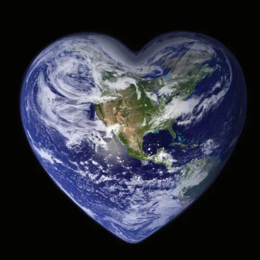 A view of Earth shaped like a heart, with North America clearly visible, set against a black background. The image blends satellite imagery with artistic modification, celebrating the beauty of nature and its connection to humans.