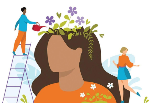 Illustration of a woman with plants and flowers growing from her head, symbolizing mental health at the forefront. A man on a ladder waters the plants, while another woman stands nearby, smiling—reflecting support often needed in workplaces.