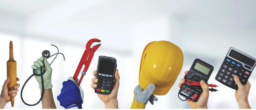 Six hands hold various work tools—a rolling pin, stethoscope, pipe wrench, payment terminal, yellow hard hat, multimeter, and calculator—representing diverse professions and what to consider as an employer.