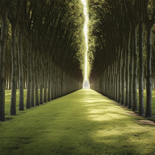 A symmetrical row of tall trees lines a grassy path, creating a tunnel effect. Bright sunlight shines through an opening at the end, as if inviting you to go to any lengths to reach its warm, radiant center and the long shadows it casts.