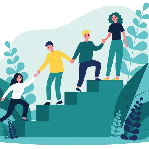 Four people stand on stairs surrounded by plants. Each person helps the next one up, symbolizing teamwork and support fostered through Compassionate Communication as they ascend together. The scene is illustrated in a flat, colorful style.