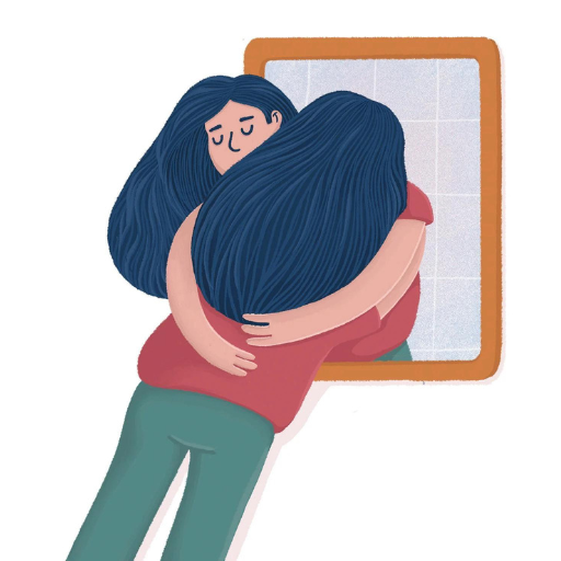Illustration of a woman hugging herself in front of a mirror, symbolizing self-love, recovery, and self-acceptance. Her reflection mirrors the embrace, conveying a comforting and supportive atmosphere as she embraces her true persona.