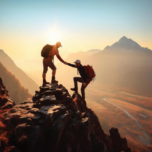 Two hikers with backpacks climb a rocky mountain ridge at sunset. Like a compassionate sponsor, one hiker helps the other up, sun rays shining behind them. A river and forested valley stretch out below the distant mountains.