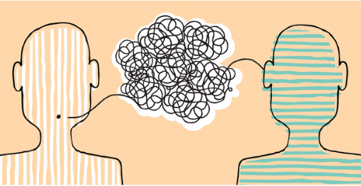 Two abstract human figures are shown. The person on the left has vertical stripes and speaks a tangled line toward the person on the right with horizontal stripes, reflecting the question: Are We Listening? The background is beige.