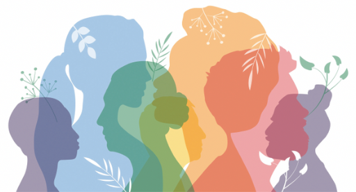 Colorful overlapping silhouettes of diverse human profiles with leaves and branches woven in, symbolizing diversity, growth, connection, and the importance of mental health.