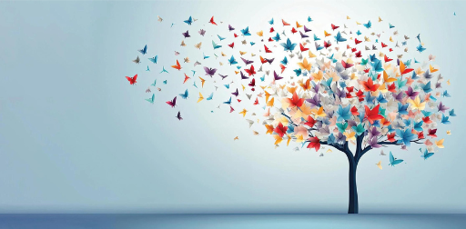 A tree with colorful leaves, symbolizing a Pillar of Health, transforms into butterflies flying away from its branches, set against a light blue background. The image has a surreal, whimsical feel.