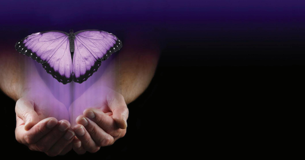 A pair of cupped hands gently holds a glowing purple butterfly, symbolizing the hope and guidance offered by a Peer Recovery Coach, with a dark gradient background fading from purple at the top to black at the bottom right.