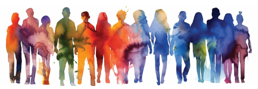 A group of diverse people silhouettes painted in vibrant, overlapping watercolor shades stands side by side, symbolizing unity and support—perfect imagery for themes like relationship counseling and Reframing Relationships.