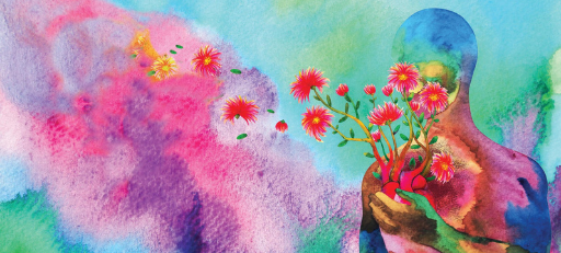 A colorful watercolor painting of a human figure recovering, holding flowers growing from their chest, with vibrant blooms and petals drifting into a dreamy, abstract rainbow background.