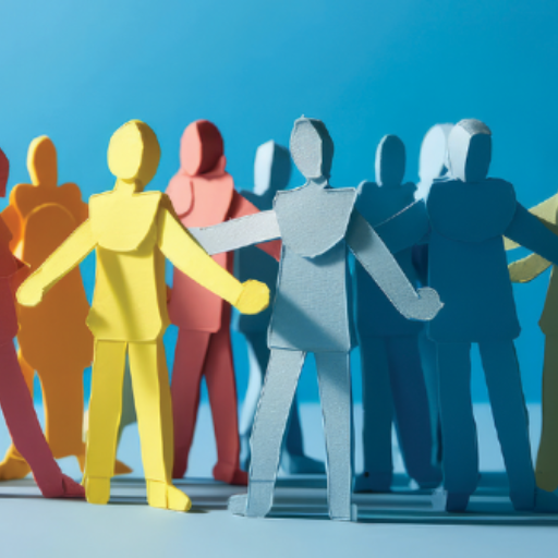 Paper cut-out figures in various colors stand together against a blue background, symbolizing a community rooted in Maine, embracing diversity and unity.
