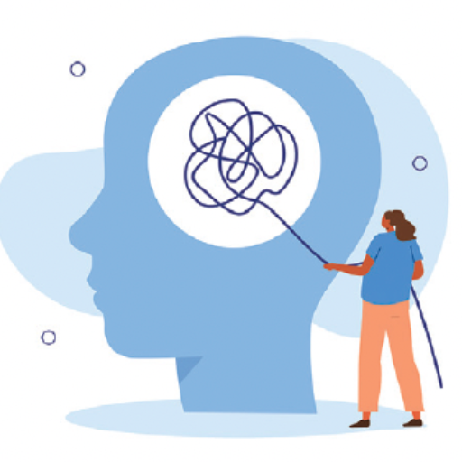 Illustration of a person unraveling a tangled line inside a large brain silhouette, symbolizing efforts to untangle confusing or complex thoughts linked to addiction.