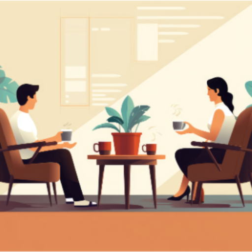 Two people sit across from each other in armchairs, holding steaming cups, engaged in compassionate conversations. A potted plant rests on the coffee table between them in this cozy, warmly lit setting with wall art in the background.