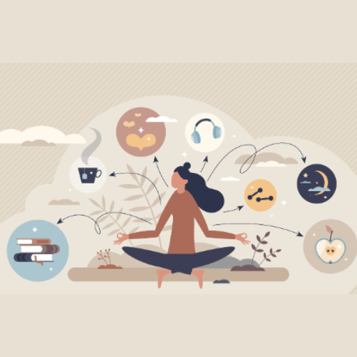 A person sits cross-legged meditating. Surrounding them are icons representing wellness—hot drink, heart, water drop, sleep, apple, sun, books—linked in a cycle that highlights traditional therapies and holistic recovery.