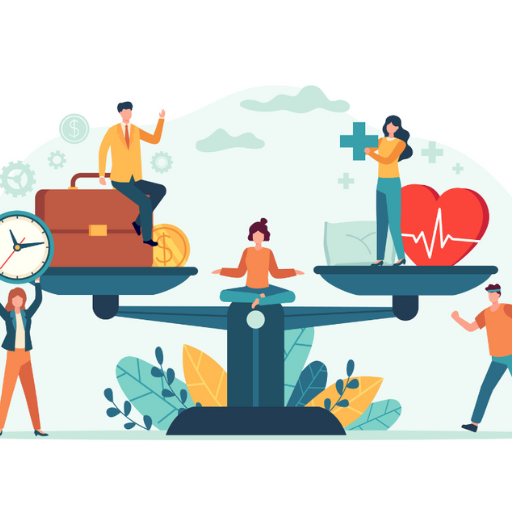 An illustrated scale balances work symbols (briefcase, clock, coins) and health symbols (heart, pillow, medical cross), showing people embracing stress and growth as they interact around each side.