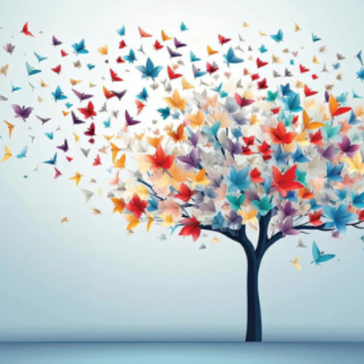 A tree with colorful leaves transforms into vibrant butterflies, symbolizing recovery and spiritual health, as they appear to fly away against a soft, light background.